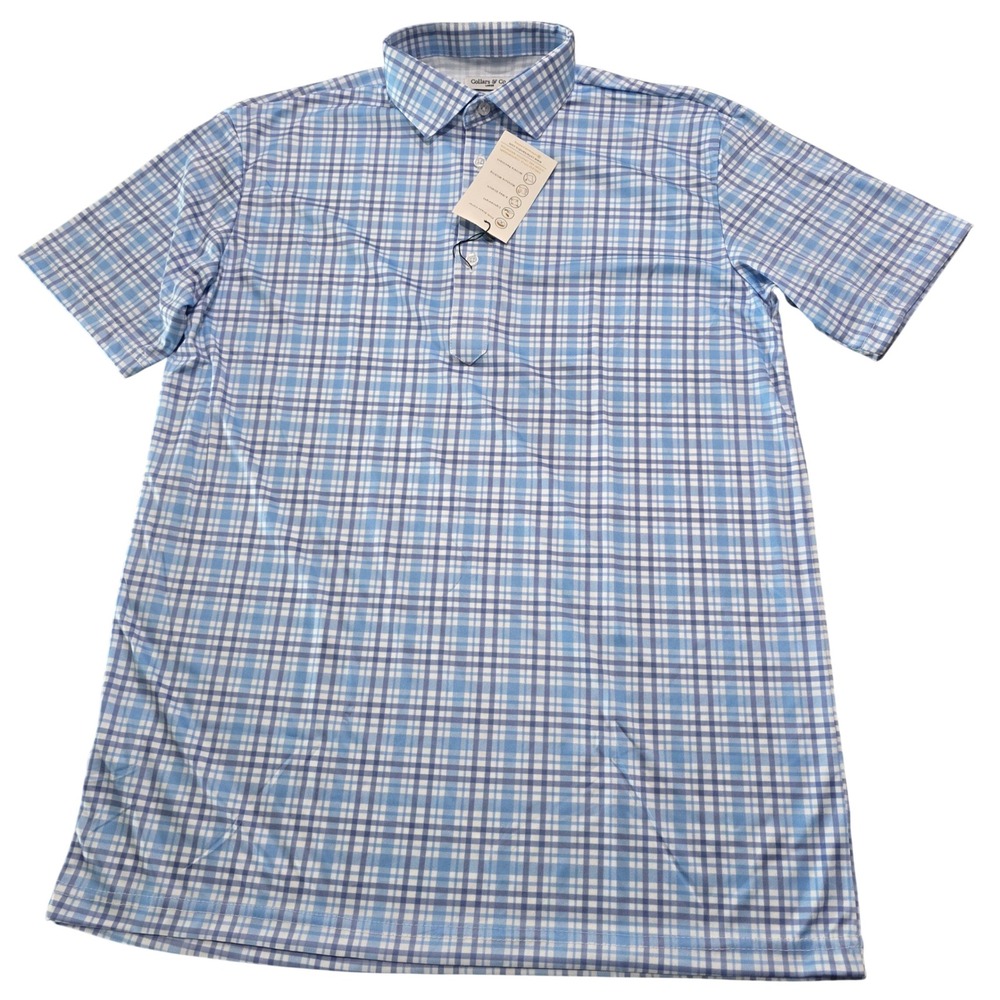 Collars & Co Men Large Blue Plaid Dress Collar Polo Shirt Stretch Performance